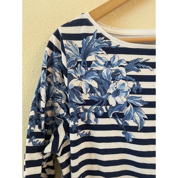 Talbots Classic Crewneck Blue White Floral 3/4 Sleeve Striped Tee Sz 1X - Picture 3 of 6
